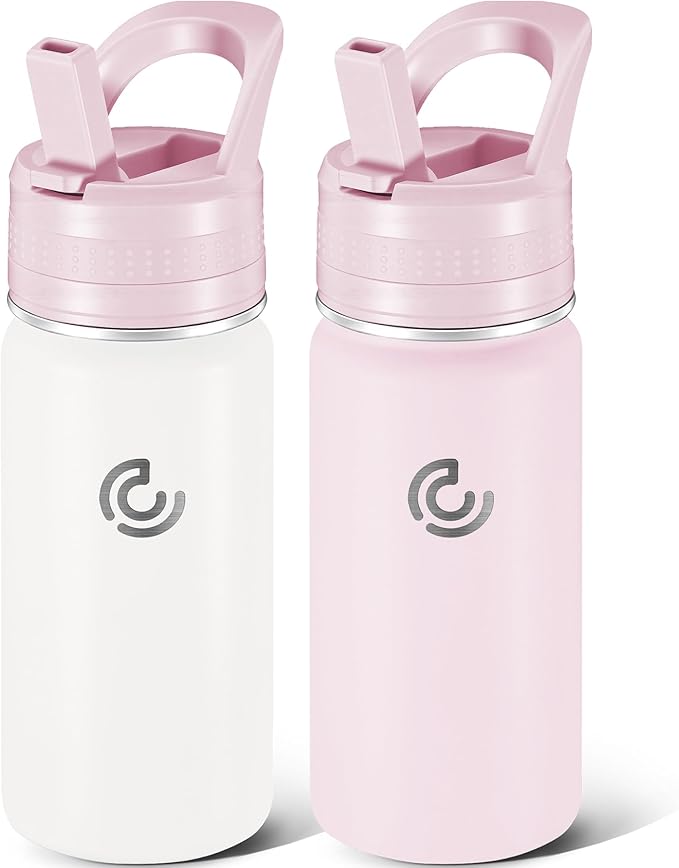 2 Pack Kids Water Bottle,14oz Stainless Steel Insulated Water Tumbler Leak-Proof,School Water Mug,Small and Portable,Suitable for Boys and Girls to Use(Pink + White)