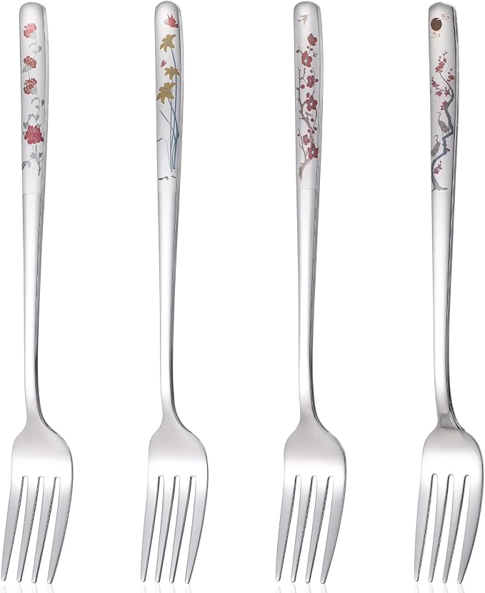 4Pcs 8" Korean Forks, Korean Fork with Floral Pattern | Stainless Steel, Kitchen Forks, Mirror Finish, Flatware for Dinner Salad Dessert Home Restaurant Use