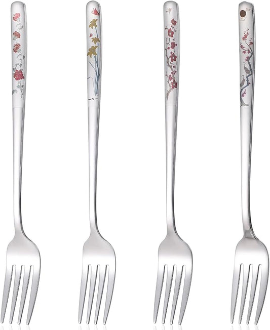 4Pcs 8" Korean Forks, Korean Fork with Floral Pattern | Stainless Steel, Kitchen Forks, Mirror Finish, Flatware for Dinner Salad Dessert Home Restaurant Use