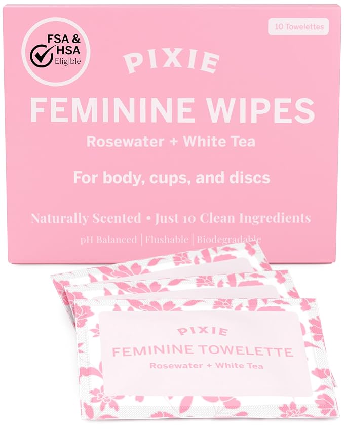 Pixie Feminine Wipes – Naturally Scented Rosewater + White Tea – Flushable, Biodegradable & pH Balanced – Individually Wrapped Wipes for On The Go – Cleaner for Menstrual Cups & Discs (10 Count)