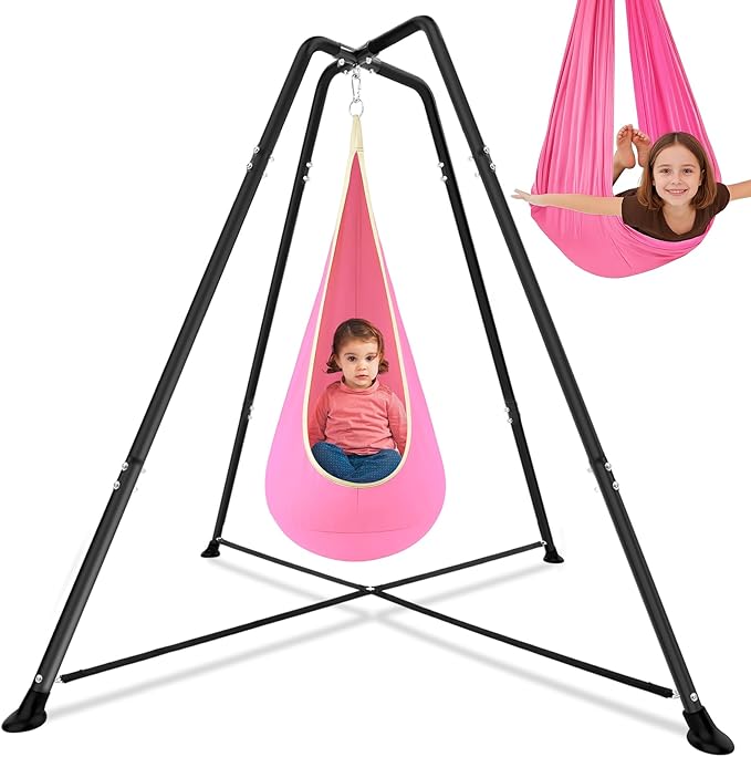 Sensory Swing Stand Frame with Pod Chair and Swings Set Kid Heavy Duty Metal Swing Stands Autism Hammock Chair Stand Tree Saucer Round for Kid Adult Indoor Outdoor Backyard Park(Pink)