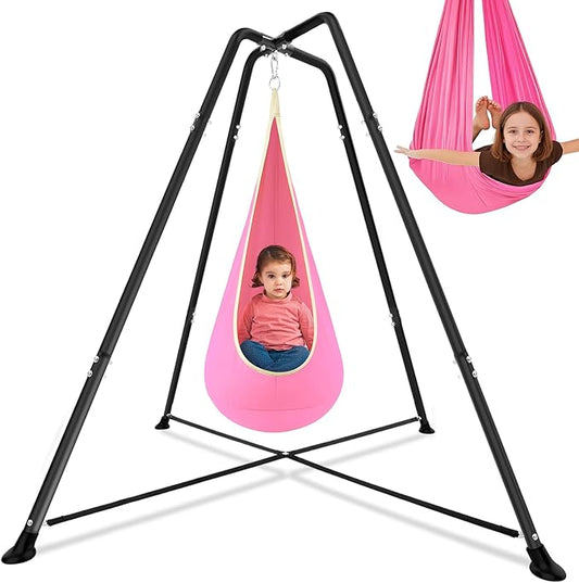 Sensory Swing Stand Frame with Pod Chair and Swings Set Kid Heavy Duty Metal Swing Stands Autism Hammock Chair Stand Tree Saucer Round for Kid Adult Indoor Outdoor Backyard Park(Pink)