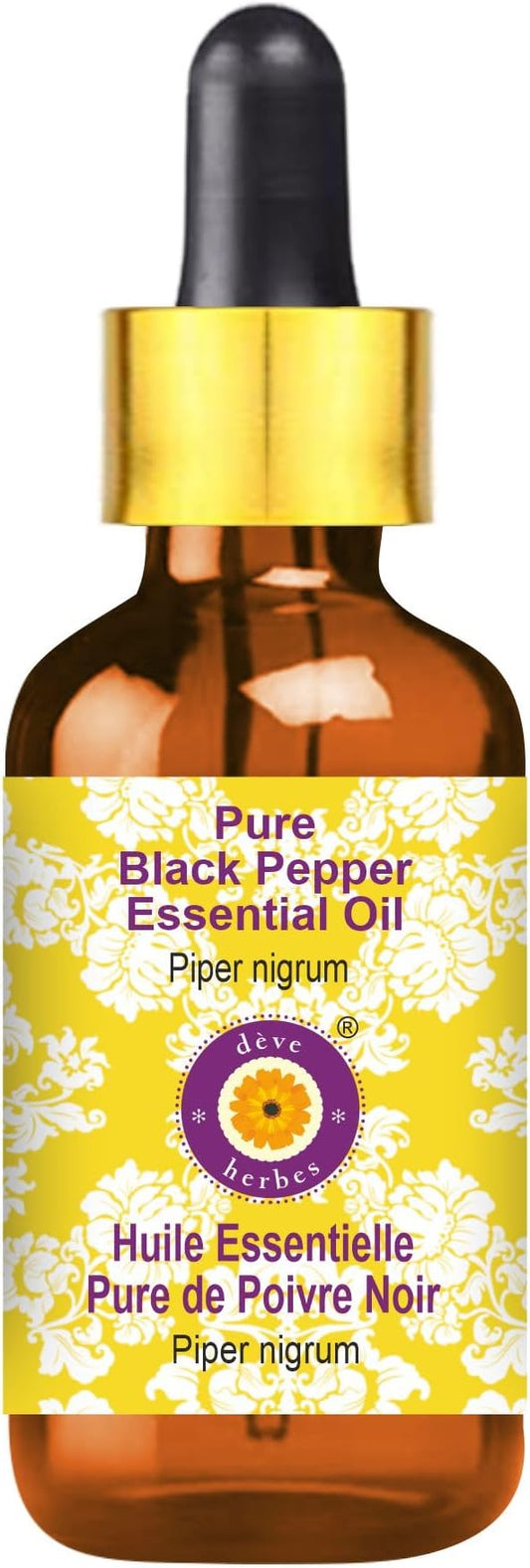 Deve Herbes Pure Black Pepper Essential Oil (Piper nigrum) with Glass Dropper Steam Distilled 30ml (1 oz)