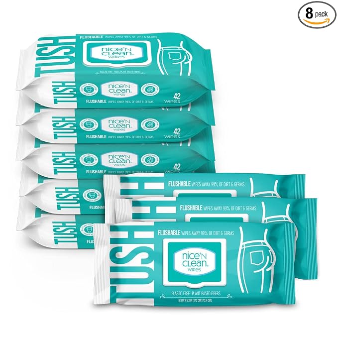 Nice 'N Clean Adult Flushable Wipes (8 x 42 Count) | Personal Cleansing Wipes Made from Plant-Based Fibers | Infused with Aloe & Vitamin E