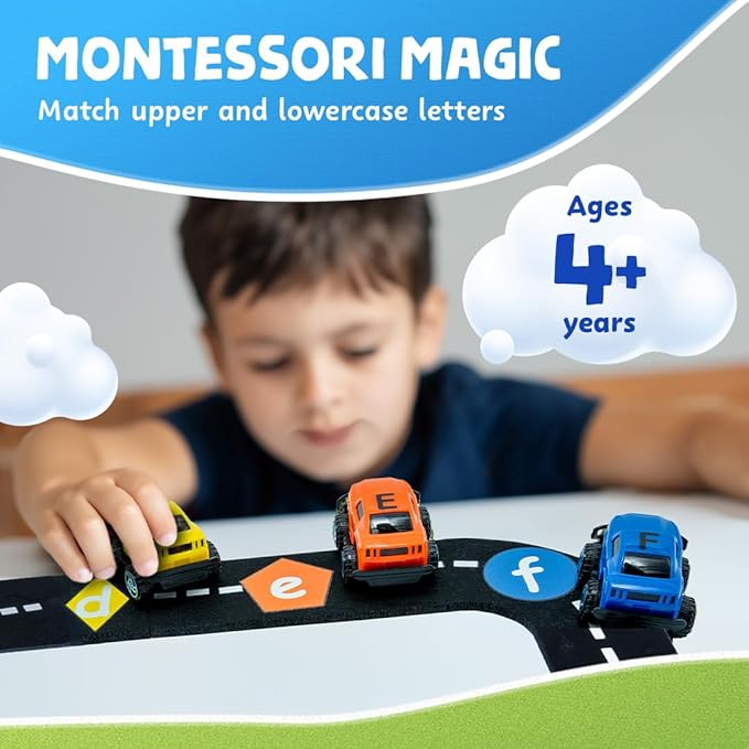 Skoolzy 36-Piece Alphabet Cars - Alphabet Learning Toys with Felt Track Set for ABC Recognition - Ideal Manipulatives for Preschoolers, 3 Year Old Boy Gift, and Toys for 2 Year Old Boys