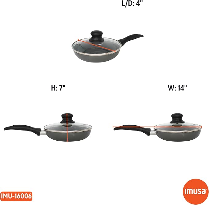 IMUSA 7 Inch Chef Cera Aluminum Ceramic Fry Pan with Glass Lid, Gray | Ceramic Nonstick Coating, Glass Lid with Cool-Touch Handle, Ideal for Pan-Frying, Great for Everyday Home Cooking