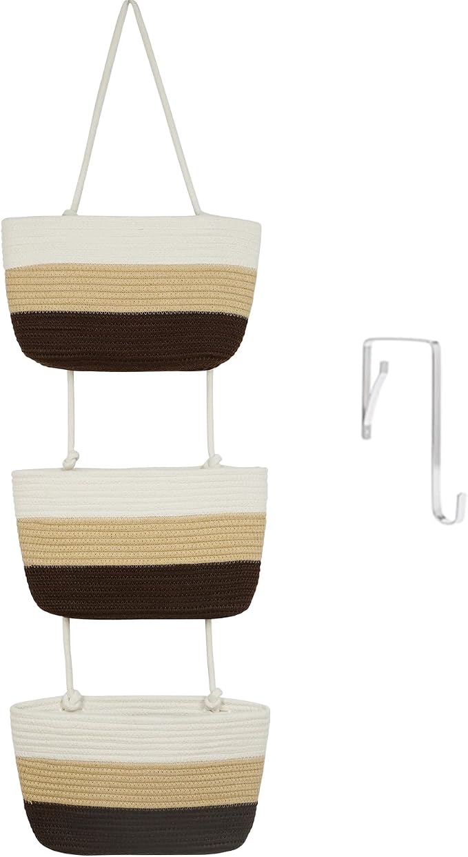 TeoKJ Over the Door Hanging Basket, 3-Tier Woven Cotton Wall-Mounted Storage Organizer Bag Decorative Hanging Nursery Baskets，Gradient Brown