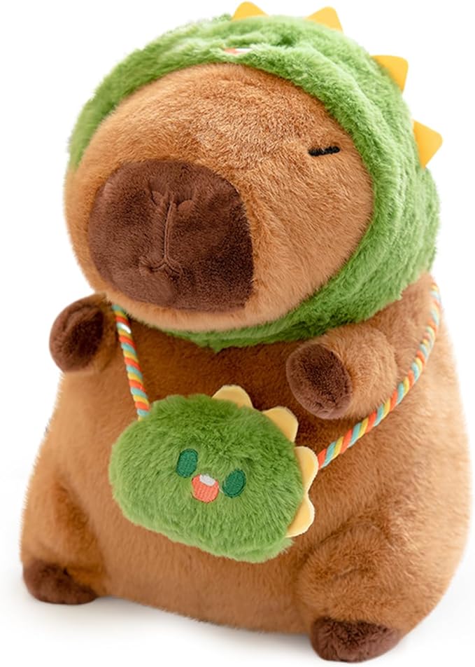 Ditucu Capybara Plush with Dinosaur Hat & Mini Bag 9.8 inch Cute Dino Capibara Stuffed Animal Soft Plushies Toys Gifts for Kids Adults Brown