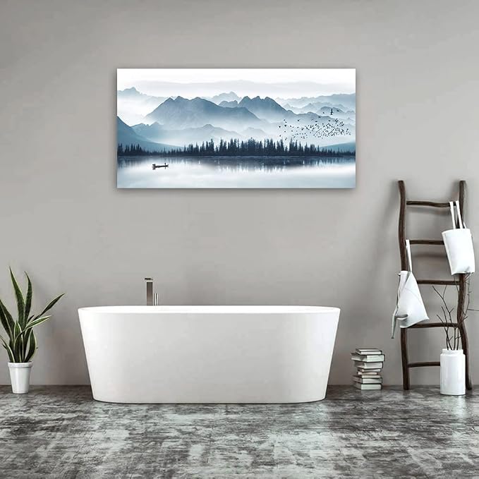 arteWOODS Indigo Canvas Wall Art Misty Mountain Wall Pictures Foggy Lake Boat Painting Print Blue Forest Birds Artwork Wall Decor for Living Room Wall Decorations Framed Ready to Hang 29" x 58"