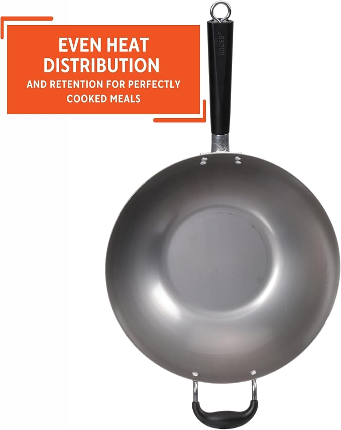 IMUSA USA Natural Wok with Triangle Handle 14-Inch, Silver | Natural Finish, Cool-Touch Wood and Helper Handle, Ideal for Stir-Frying, Perfect for Everyday Cooking