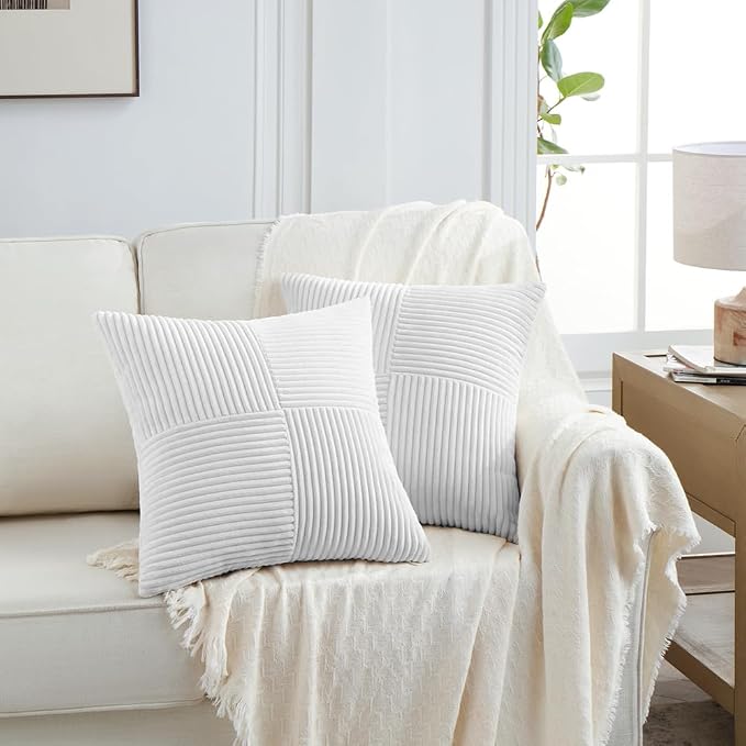Fancy Homi 2 Packs White Samll Decorative Throw Pillow Covers 12x12 Inch with for Couch Bed Sofa, Rustic Farmhouse Boho Home Decor, Soft Corss Patchwork Corduroy Square Cushion Case 30x30 cm
