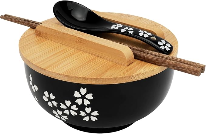Black Ceramic Bowl Set with Lid, Spoon & Chopsticks - Japanese Traditional Style Tableware, All-in-One Bowl for Soup, Rice, Noodles, Ramen