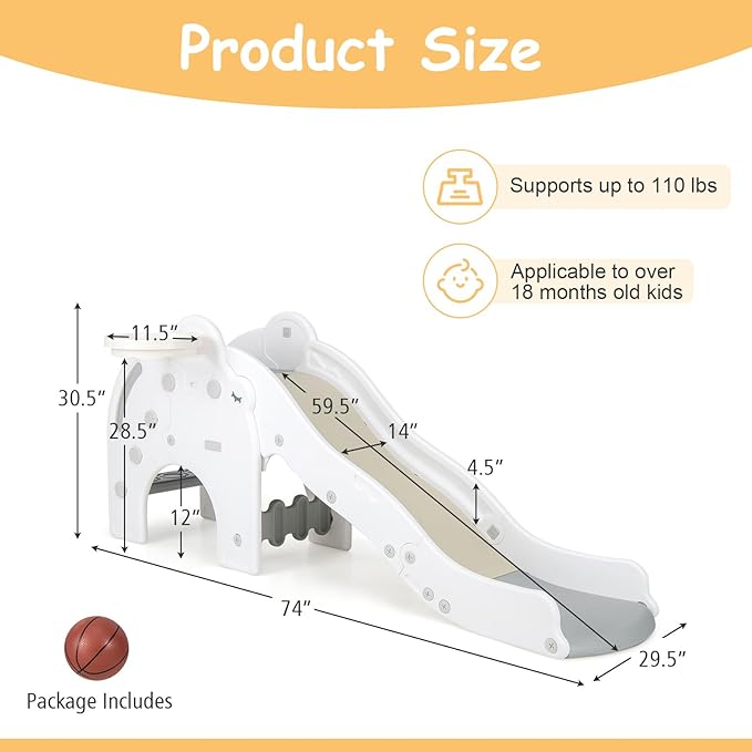 INFANS Toddler Slide, 4 in 1 Indoor Kids Slide Wave Slideway Max Load 330lb for Age 18+ Months with Basketball Hoop Ball, Outdoor Climber Freestanding Playset, Sturdy Plastic Playground Toy