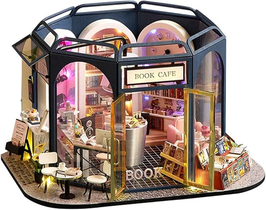 TuKIIE DIY Miniature Dollhouse Furniture Kit, 1:24 Scale Creative Room Wooden Doll House Accessories Plus Dust Proof for Kids Teens Adults(Book Cafe)