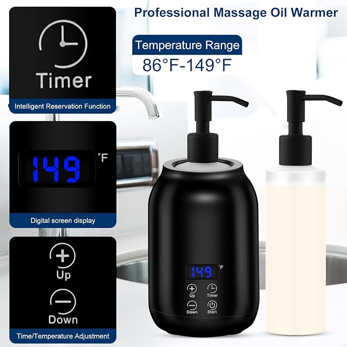Massage Oil Heater Warmer,with ℃/℉ Switchable Display, Two Oil Dispenser Bottle，Constant Temperature,Body Salon and Barber Shops,Black