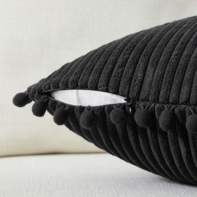 Fancy Homi Pack of 2 Soft Corduroy Decorative Throw Pillow Covers with Pom-poms, Solid Square Cushion Pillow Cases Set for Couch Sofa Bedroom Car Living Room (16x16 Inch/40x40 cm, Black)