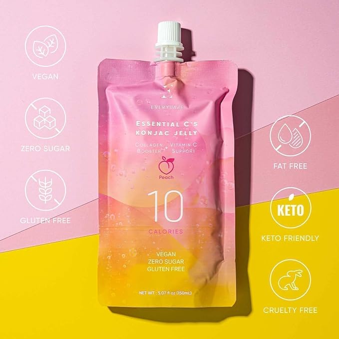 EVERYDAZE Essential C’s Konjac Jelly | Peach | Plant-Based Collagen Booster, Gluten Free, Sugar Free, Low Calorie | Healthy Drinkable Fruit Snack | 10 Pack Box Food Drink Pouch