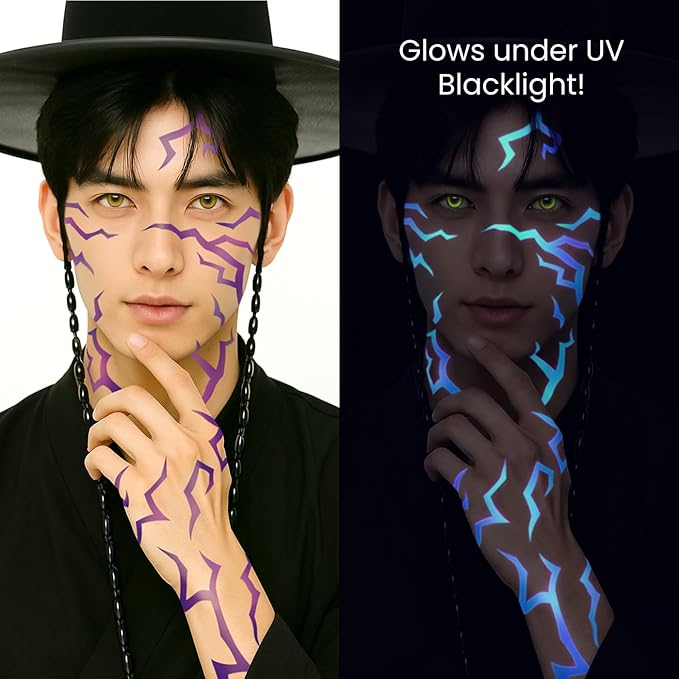 UV Glow Pattern Temporary Tattoos | 3 Sheets Purple Demon Energy Pattern | Blacklight Activated Neon Blue | Hunter Cosplay | Fake Tat Stickers | Kpop Birthday, Glow Party, RPD, Halloween