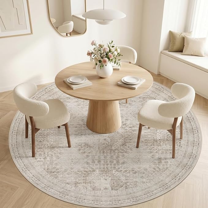 Round Area Rug for Living Room: 8ft Vintage Boho Neutral Washable Circle Rug Soft Large Circular Carpet for Bedroom Nursery Farmhouse Dining Room Office Floor Non-Slip Low Pile Under Table Rug Brown