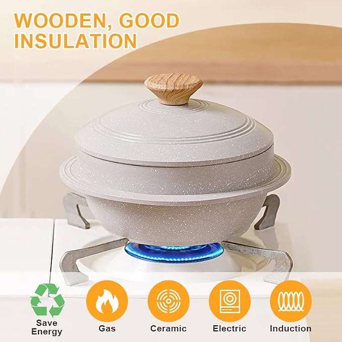 Korean Dutch Oven, Rice Pot, 63 oz Enameled Cast Aluminum Pot with Lid, Korean Stone Bowl for Induction, White