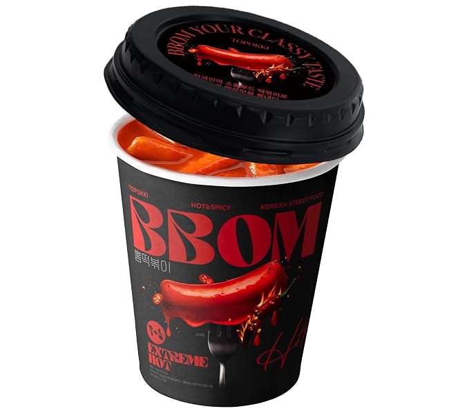 BBOM Cup Tteokbokki, Korean Rice Cake, Ready-to-Eat Microwave Meal, Chewy & Soft Texture, Easy K-Food Snack – Spicy/SpicyRose/Extreme Hot_1 Cup (Extreme Hot)