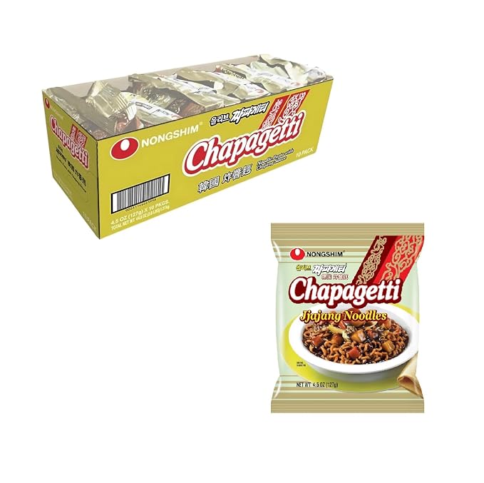 Nongshim Chapagetti, Black Bean Jajangmyeon Korean Ramen Noodles, 10 Pack | Black bean instant noodles with roasted chunjang sauce, onion-garlic notes, chewy sauce-coated finish