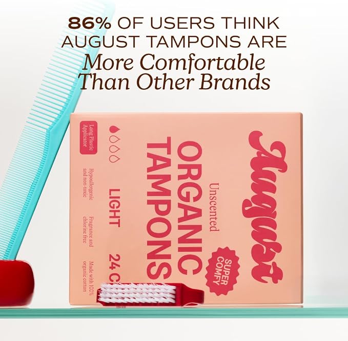 August Organic Cotton Tampons, 96 Light Tampons Made with Organic Cotton, Long Applicators, Non-Toxic, Fragrance-Free, Chlorine-Free, and Hypoallergenic (6 Boxes of 16/12 Boxes of 8)