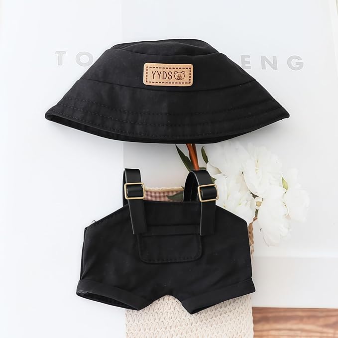 Clothes for Dolls Accessories, Stylish Kawaii Overalls Outfit Set 4 Pieces Bib Pants for 15cm 17cm Dolls, Cute Doll Hat Shoes Clothing Set Replacement Black (No Doll)