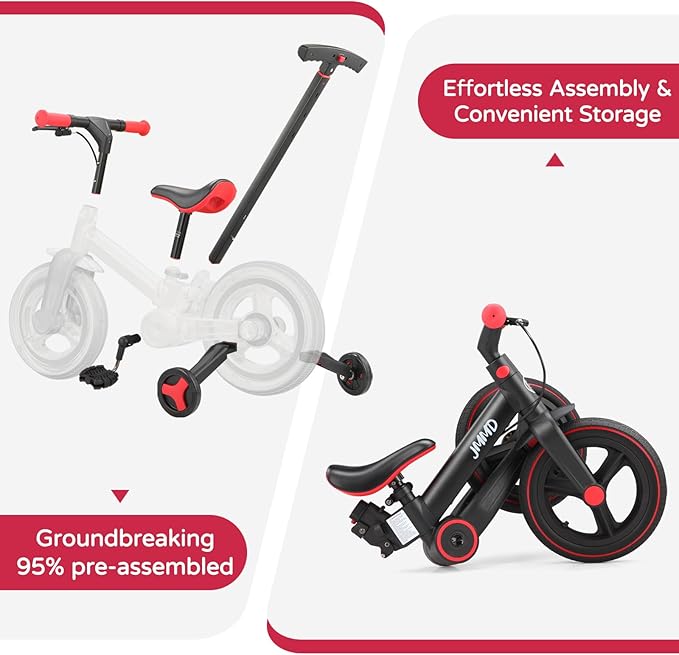 JMMD 6 in 1 Toddler Bike with Push Handle for Kids 18-60 Months, 12" Foldable Balance Bike with Training Wheels, Pedals, Brakes, Kickstand, Push Tricycle Toddler Gift & Toys for Boy & Girl