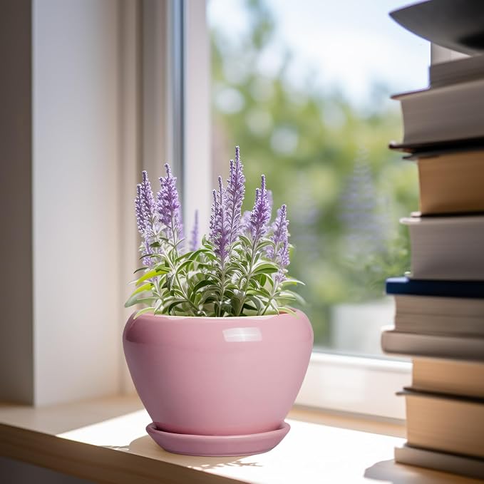 Ceramicfor 6 Inch Plant Pot - Ceramic Pot for Indoor Plants, Glaze Modern Decorative Round Ceramic Planter with Drainage Hole and Saucer, Plant Lover Gifts, Home Garden Room Office Decor, Pink