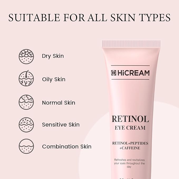 Hicream Eye Cream for Fine Lines, Wrinkles, Dark Circles & Puffiness – Anti-Aging Under Eye Cream with Retinol & Caffeine – Hydrating & Smoothing – Gentle Formula for All Skin Types, 1 fl. oz HCR5869