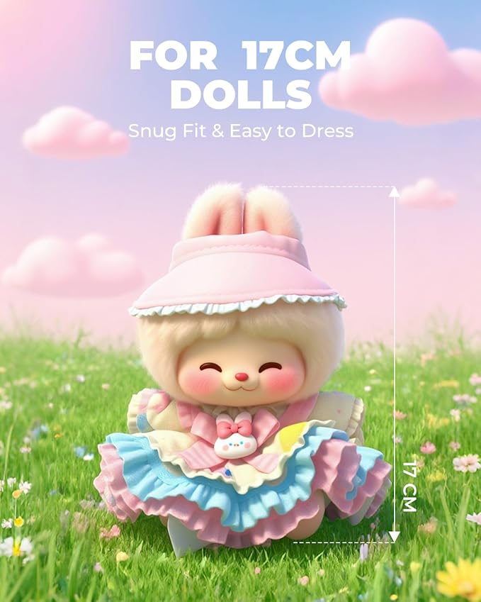 17cm Clothes Set, Accessories for 6.7 Inches Doll Clothes, Light Pink Velvet Hat + Kawaii Puffy Skirt Set, Cute Clothing No Doll Included