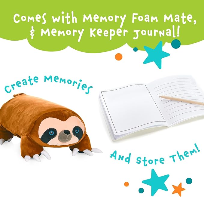Cuddly Memory Foam Pillow Plush with Belly Pocket, Kids Pillow for Hugging Sleeping & Storing Diary, 15” Stuffed Animal & Journal Set - Lynn The Sloth