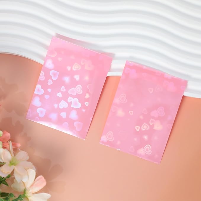 100pcs Holographic Colors Card Sleeves, 3.58x2.6in/91x66mm Colored Heart-Shaped Flashing Card Sleeves for Mini Polaroid Photocard Collectible Protection(Pink)