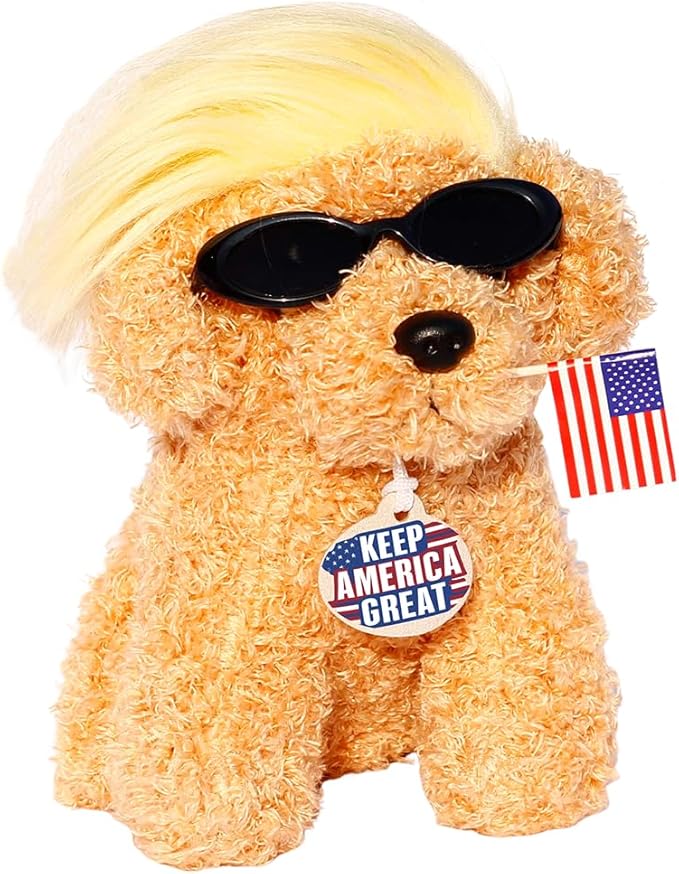Donald Teddy Dog with Wig, Tag and Flag Donald Doll Donald Dog Toy Funny Gifts Funny Toys (Yellow)