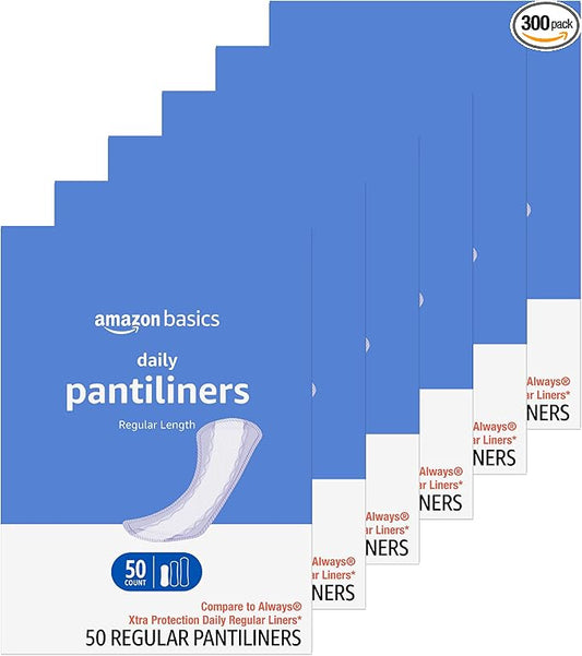 Amazon Basics Daily Pantiliner, Regular Length, Feminine Pads for Women, Unscented, 300 Count (6 Packs of 50) (Previously Solimo)