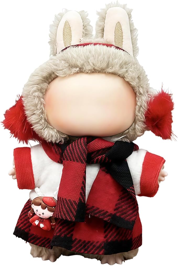 Winter 17cm Doll Clothes(NO Doll), Cute Christmas Red Grid Dolls Outfit Accessories with Headwear+Top+Skirt+Scarf Clothes Set for Dolls Christmas Clothes Set