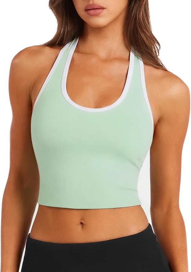 Halter Workout Top for Women: Open Back Sports Bra Color Block Tops with Built in Bra Yoga Gym Crop