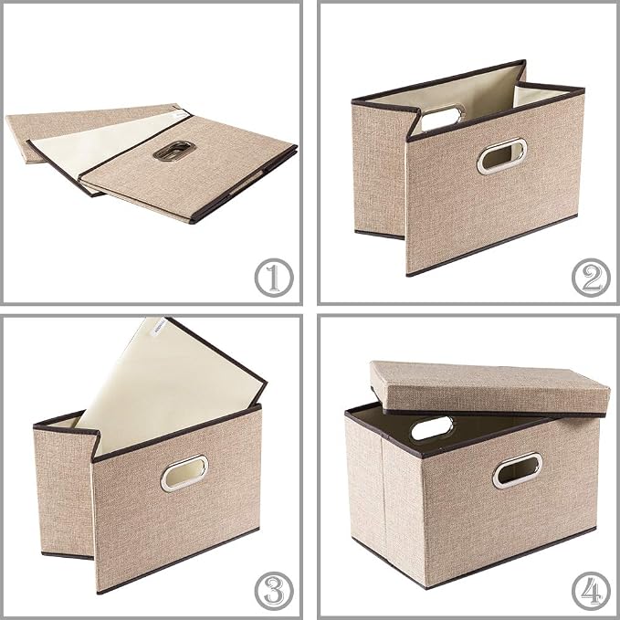Collapsible Storage Containers with Lids [5-Pack] Jute Fabric Foldable Storage Bins Boxes Organizer Baskets Cube with Cover for Home Bedroom Closet Office Nursery (14.9x9.8x9.8)
