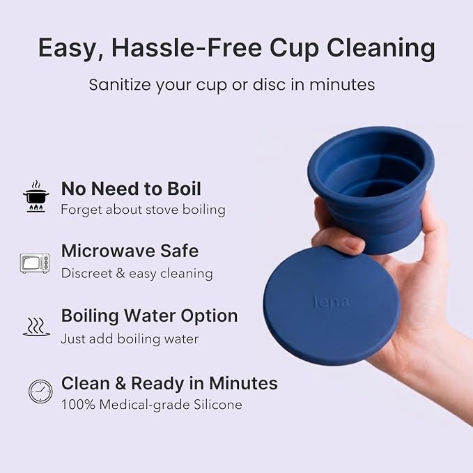 Lena Menstrual Cup Cleaner Case & Period Disc Sanitizer, Home and Travel Size Feminine Wash, Period Essentials for Women, Microwavable, Compact & Collapsible Silicone Container, Dark Blue