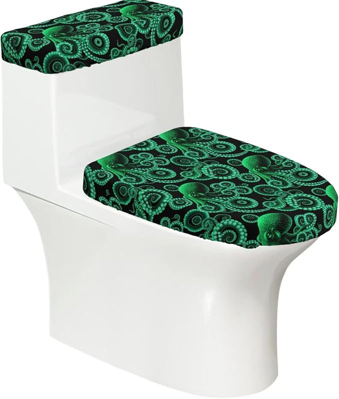 Elastic Edge Toilet Cover SetWatercolor Octopus Green, So ft Stretchy Fabric Universal Fit for Round Oblong Toilets Decor