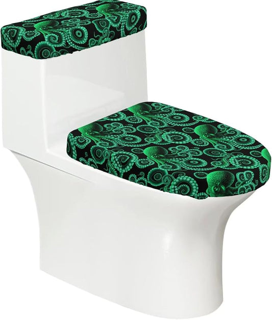 Elastic Edge Toilet Cover SetWatercolor Octopus Green, So ft Stretchy Fabric Universal Fit for Round Oblong Toilets Decor
