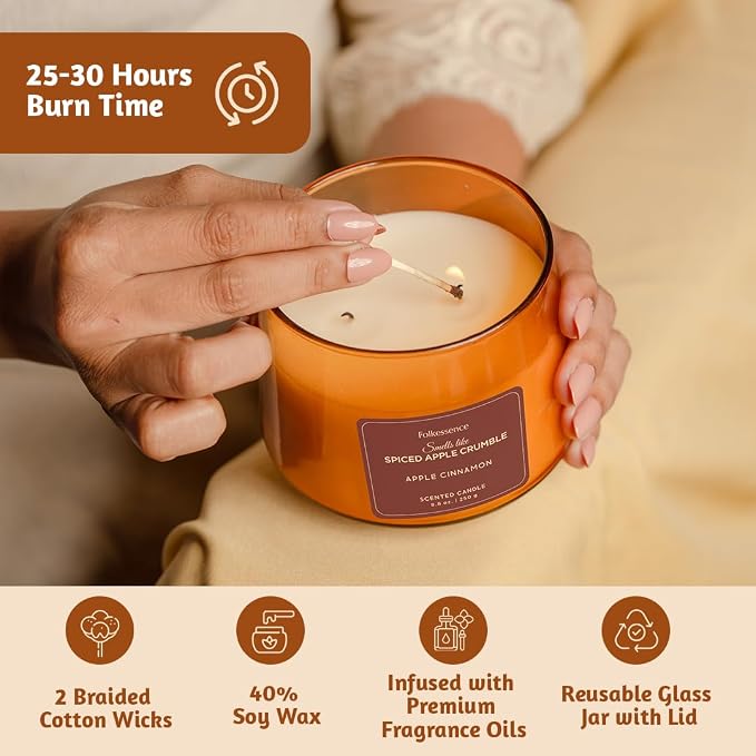 Folkulture Fall Candles | Apple Cinnamon Candles for Home Scented, Pottery Barn Fall Decor, Aromatherapy | Two Wick,Upto 50 Hr Burntime, Non Toxic, Soy Wax Candle for Outdoor Decor, Home Decor