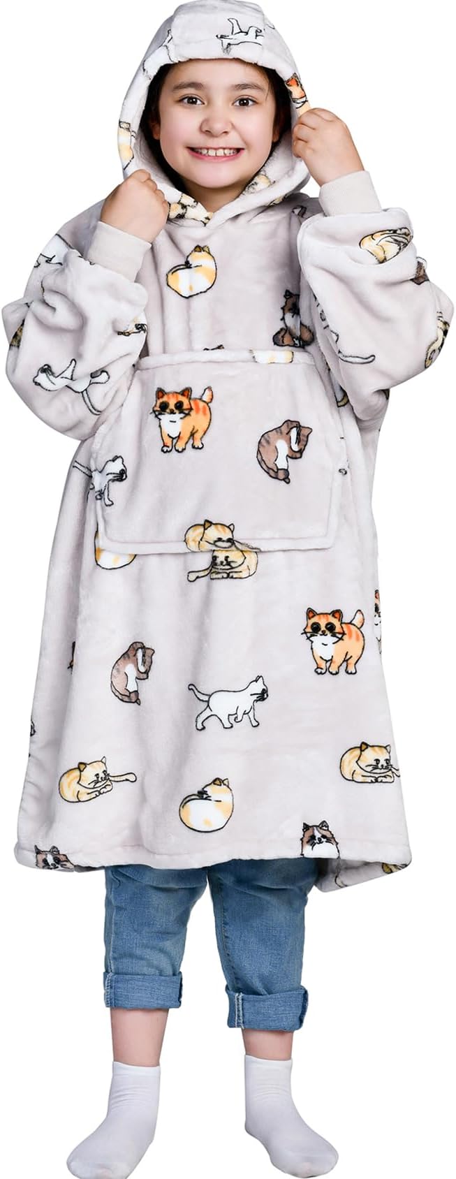 Waitu Wearable Blanket for Kids, Wearable Blanket Hoodie Gifts for Teens Girls and Boys, Warm Blanket Sweatshirt for Teenage, Thick Flannel Hoodie Blanket with Sleeves - Cat Gray