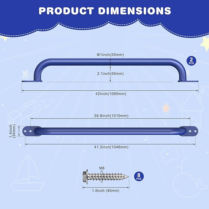 Dolibest 42 Inch Metal Safety Handles, Playground Ladder Handle, Long Grab Handles for Kids Playhouse, Treehouse, Rock Climbing Wall, Swing Set Accessories, Indoor & Outdoor Use (2PCS)-Blue
