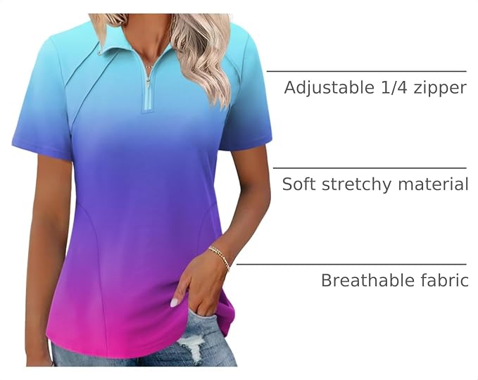 LOMON Womens Golf Polo Shirt Summer Short Sleeve Quarter Zip Outfit | Side-Pockets,Princess Seams,Cotton,Wrinkle Free,Moisture Wicking,Quick-Dry,Lightweight,Collared,for Tennis Workout