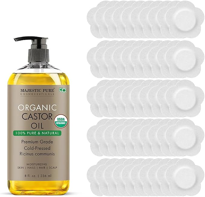 Majestic Pure Oil - 100% Pure and Natural- Cold Pressed & Hexane Free Natural Hair Growth Oil for Eyelashes, Eyebrows, Skin, Body, Face, Nails & Scalp - Organic Castor Oil with Patches 8 Fl Oz