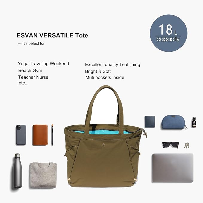 ESVAN Yoga Tote Bag for Women Shoulder Bags Drawstring for Office Workout Travel Carryall Pilates Gym and Beach