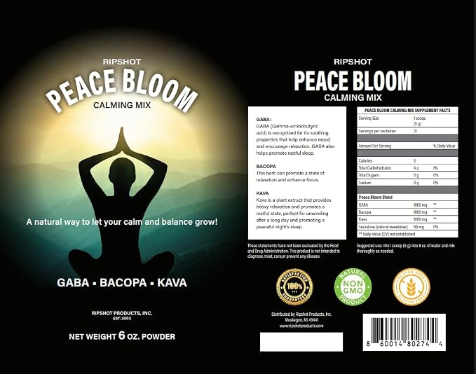 Peace Bloom Calming Powder Mix with Kava, Bacopa & GABA- Relaxation Drink, Stress Relief, Alcohol-Free