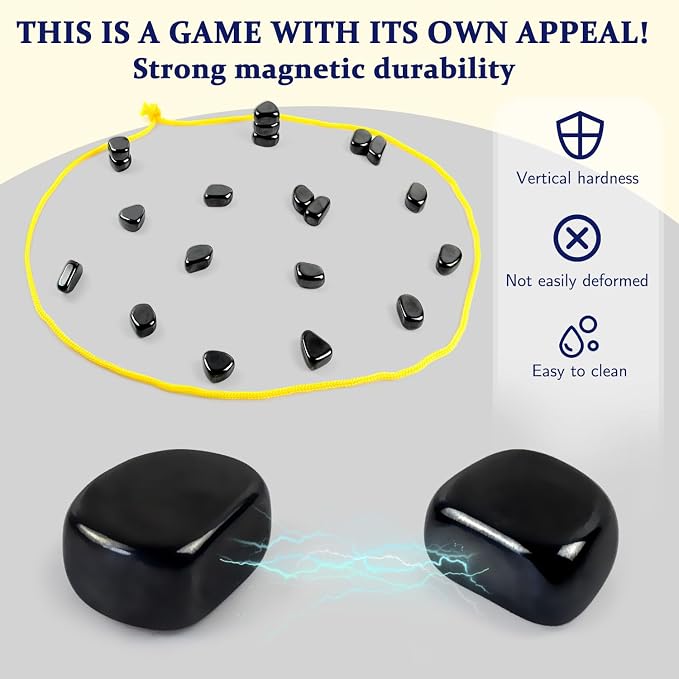 Magnetic Strategy Game Set, 20 Black Magnetic Pieces with Yellow Boundary Rope, Tabletop Party Game for 2 Players, Includes Storage Bag